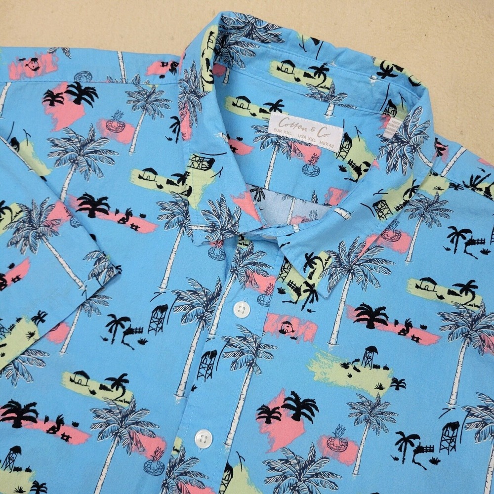 Cotton & Co Mens 2XL Blue‎ All Over Palm Tree Beach Hawaiian Button Up